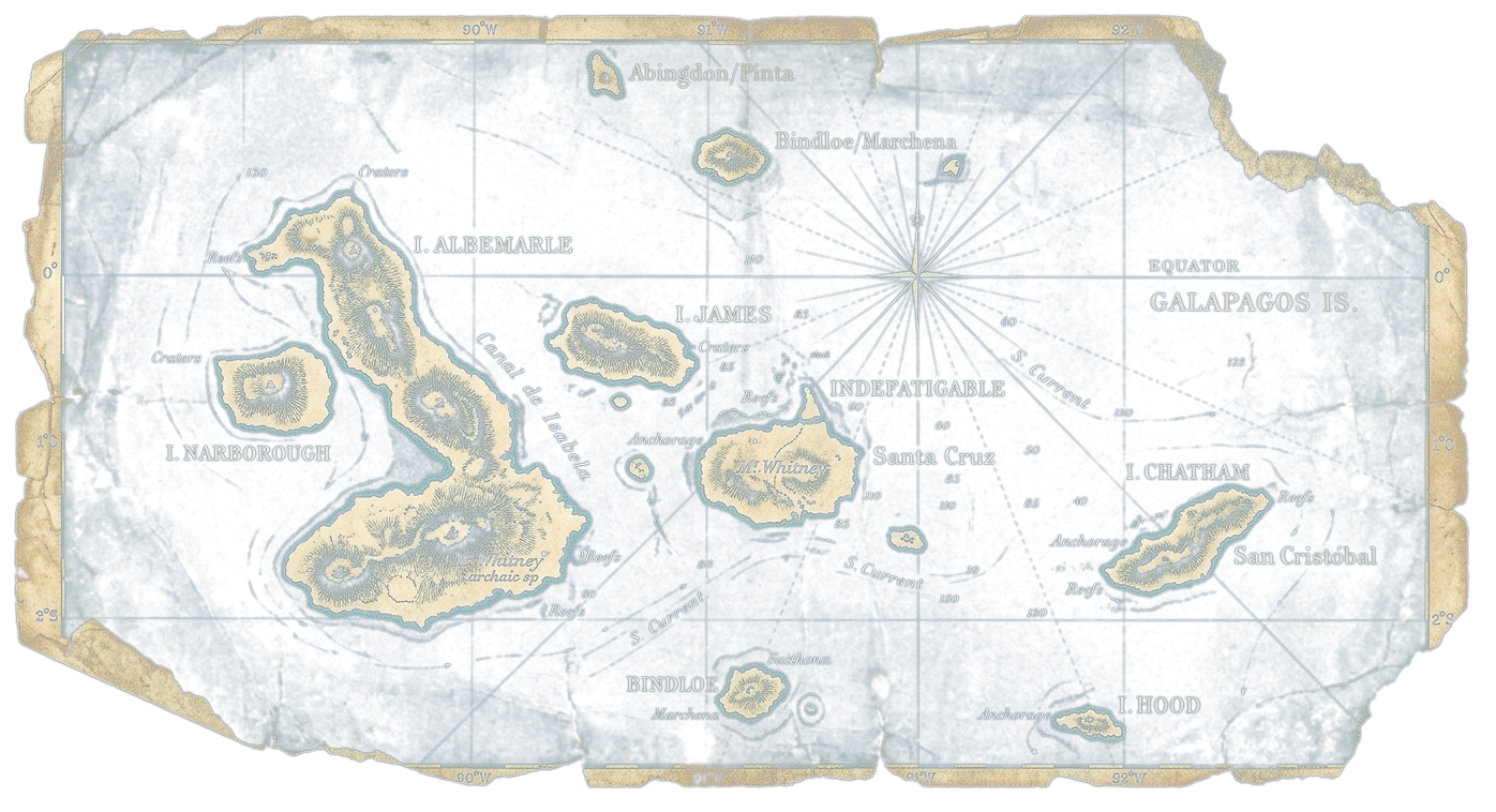 Chart of the Galápagos archipelago, rendered as a cyanotype